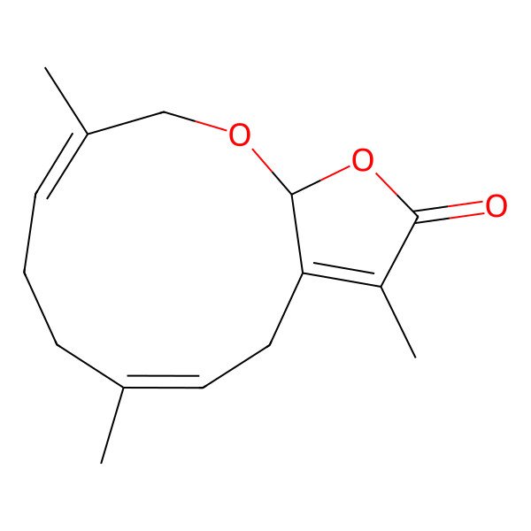 2D Structure of (1S,4Z,8E)-4,8,12-trimethyl-2,14-dioxabicyclo[9.3.0]tetradeca-4,8,11-trien-13-one