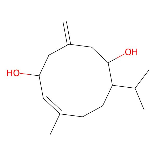 2D Structure of (1S,5R,6E,10S)-7-methyl-3-methylidene-10-propan-2-ylcyclodec-6-ene-1,5-diol 2D Structure of (1S,5R,6E,10S)-7-methyl-3-methylidene-10-propan-2-ylcyclodec-6-ene-1,5-diol