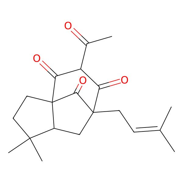 2D Structure of (1S,5R,7R)-9-acetyl-4,4-dimethyl-7-(3-methylbut-2-enyl)tricyclo[5.3.1.01,5]undecane-8,10,11-trione