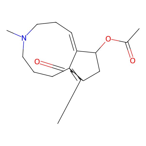 2D Structure of [(1S,6S,8S,9E)-4,13-dimethyl-2-oxo-13-azatricyclo[7.7.0.01,6]hexadeca-3,9-dien-8-yl] acetate