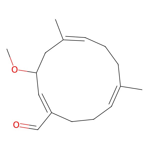 2D Structure of (1Z,3R,5Z,9E)-3-methoxy-5,9-dimethylcyclododeca-1,5,9-triene-1-carbaldehyde