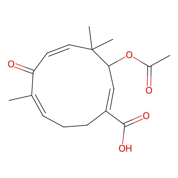 2D Structure of (1Z,3S,5E,8E)-3-acetyloxy-4,4,8-trimethyl-7-oxocycloundeca-1,5,8-triene-1-carboxylic acid 2D Structure of (1Z,3S,5E,8E)-3-acetyloxy-4,4,8-trimethyl-7-oxocycloundeca-1,5,8-triene-1-carboxylic acid