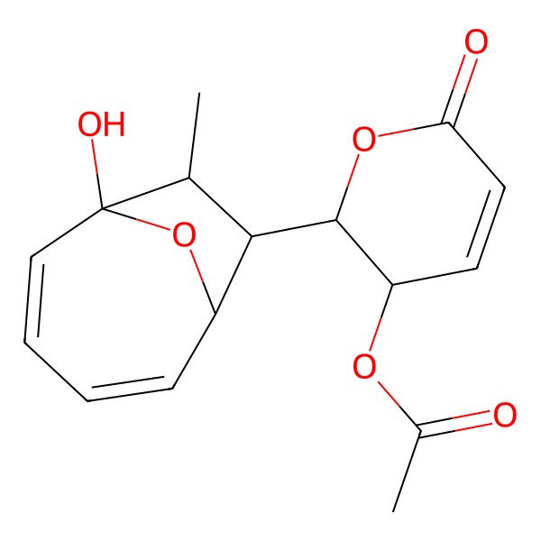 2D Structure of [2-(1-Hydroxy-8-methyl-9-oxabicyclo[4.2.1]nona-2,4-dien-7-yl)-6-oxo-2,3-dihydropyran-3-yl] acetate