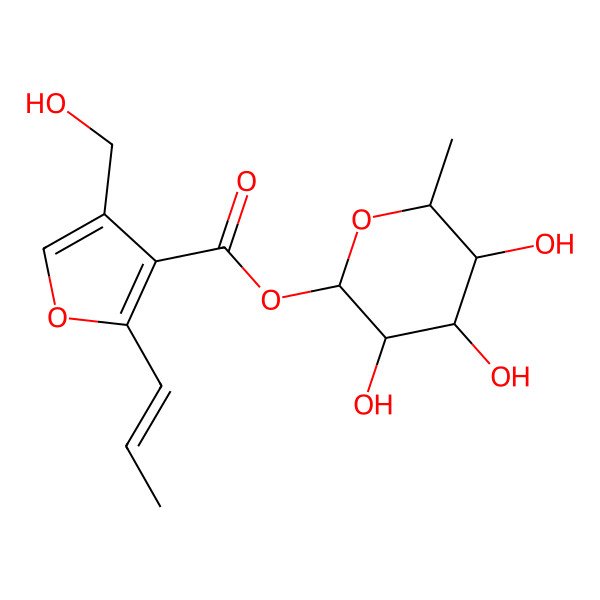2D Structure of 2-(1-Propen-1-yl)-4-hydroxymethyl-3-furanylcarbonyla-L-Rhamnopyranoside