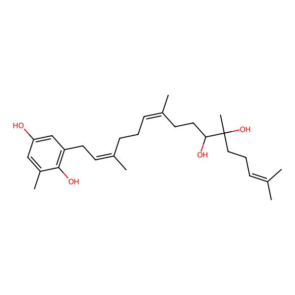 2D Structure of 2-(10,11-Dihydroxy-3,7,11,15-tetramethylhexadeca-2,6,14-trienyl)-6-methylbenzene-1,4-diol