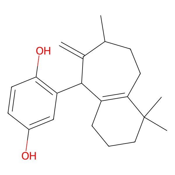 2D Structure of 2-(1,1,7-trimethyl-6-methylidene-3,4,5,7,8,9-hexahydro-2H-benzo[7]annulen-5-yl)benzene-1,4-diol