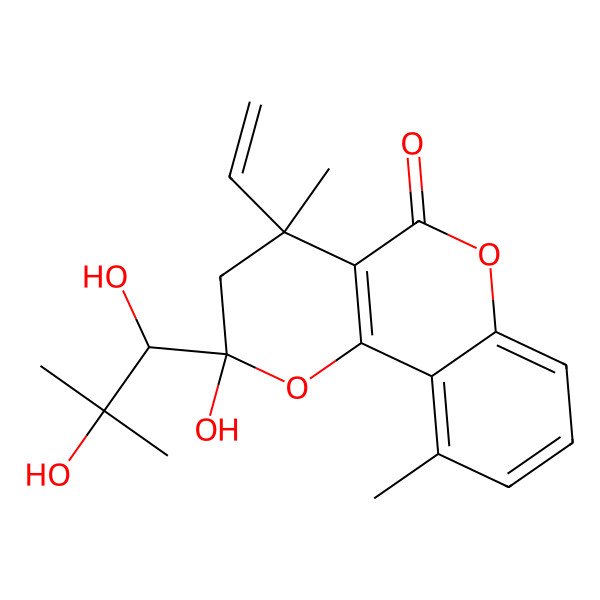 2D Structure of 2-(1,2-dihydroxy-2-methylpropyl)-4-ethenyl-2-hydroxy-4,10-dimethyl-3H-pyrano[3,2-c]chromen-5-one