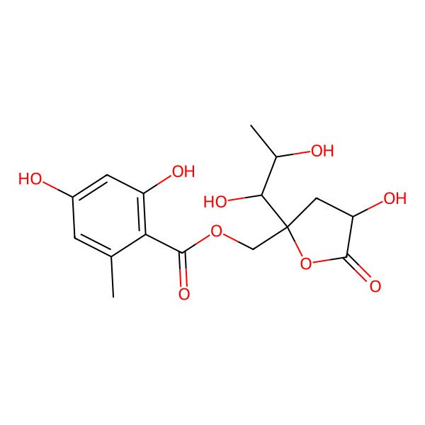 2D Structure of [2-(1,2-Dihydroxypropyl)tetrahydro-4-hydroxy-5-oxofuran-2-yl]methyl 2,4-dihydroxy-6-methylbenzoate