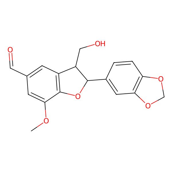 2D Structure of 2-(1,3-Benzodioxol-5-yl)-3-(hydroxymethyl)-7-methoxy-2,3-dihydro-1-benzofuran-5-carbaldehyde