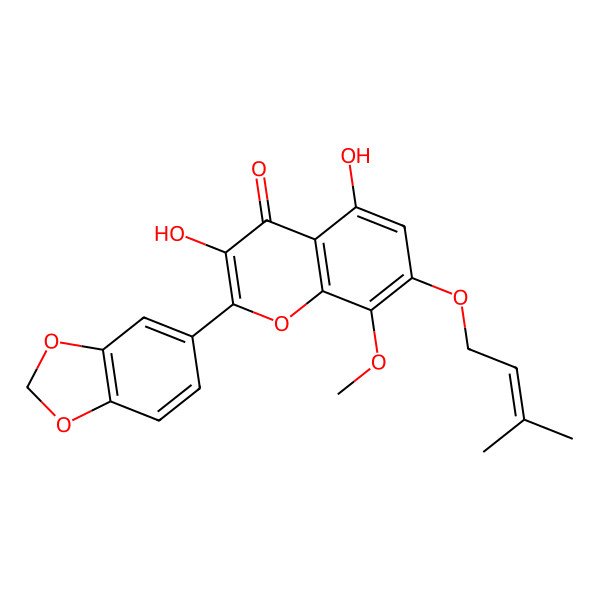 2D Structure of 2-(1,3-Benzodioxol-5-yl)-3,5-dihydroxy-8-methoxy-7-(3-methylbut-2-enoxy)chromen-4-one