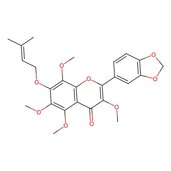 2D Structure of 2-(1,3-Benzodioxol-5-yl)-3,5,6,8-tetramethoxy-7-[(3-methyl-2-butenyl)oxy]-4H-1-benzopyran-4-one