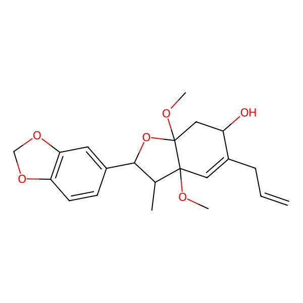 2D Structure of 2-(1,3-Benzodioxol-5-yl)-3a,7a-dimethoxy-3-methyl-5-prop-2-enyl-2,3,6,7-tetrahydro-1-benzofuran-6-ol