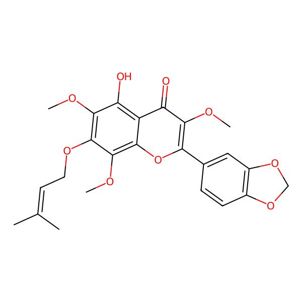 2D Structure of 2-(1,3-Benzodioxol-5-yl)-5-hydroxy-3,6,8-trimethoxy-7-(3-methylbut-2-enoxy)chromen-4-one