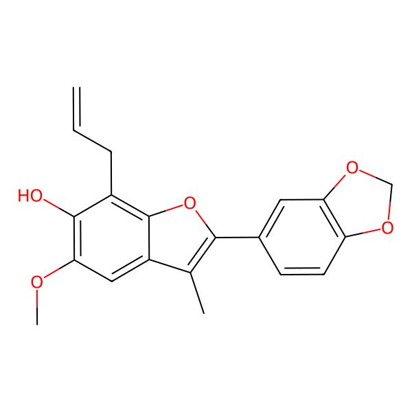 2D Structure of 2-(1,3-Benzodioxol-5-yl)-5-methoxy-3-methyl-7-prop-2-enyl-1-benzofuran-6-ol