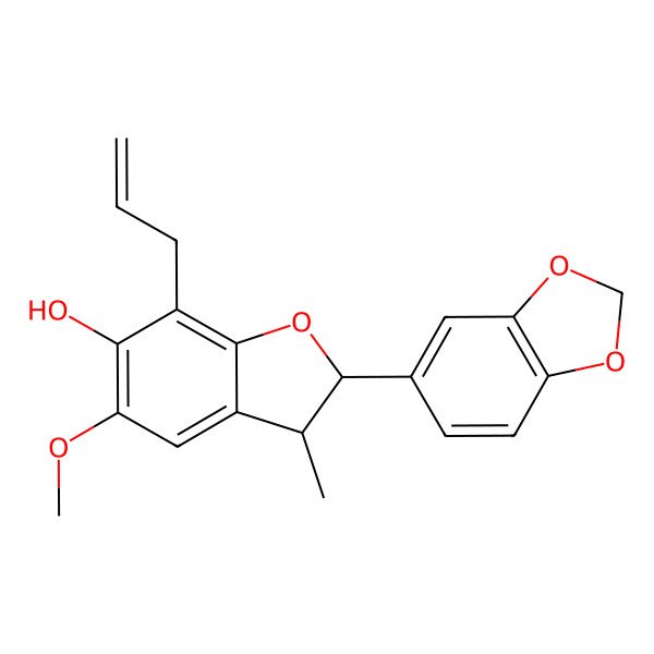 2D Structure of 2-(1,3-Benzodioxol-5-yl)-5-methoxy-3-methyl-7-prop-2-enyl-2,3-dihydro-1-benzofuran-6-ol