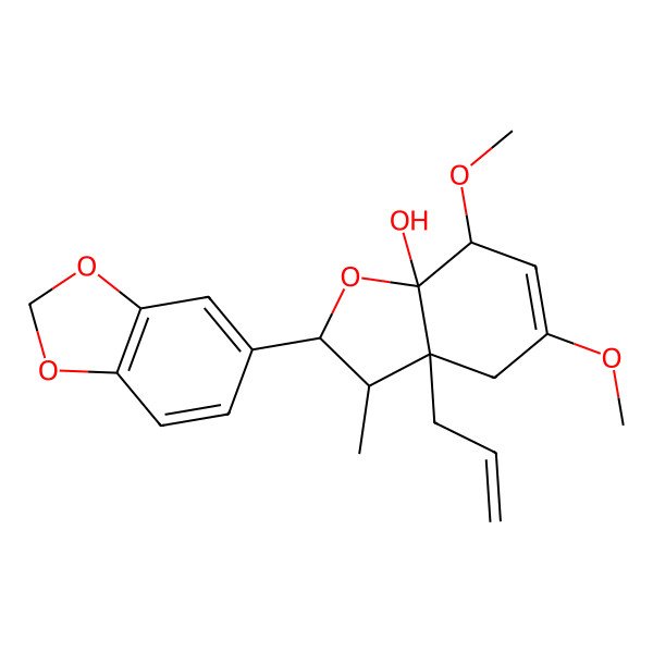 2D Structure of 2-(1,3-Benzodioxol-5-yl)-5,7-dimethoxy-3-methyl-3a-prop-2-enyl-2,3,4,7-tetrahydro-1-benzofuran-7a-ol