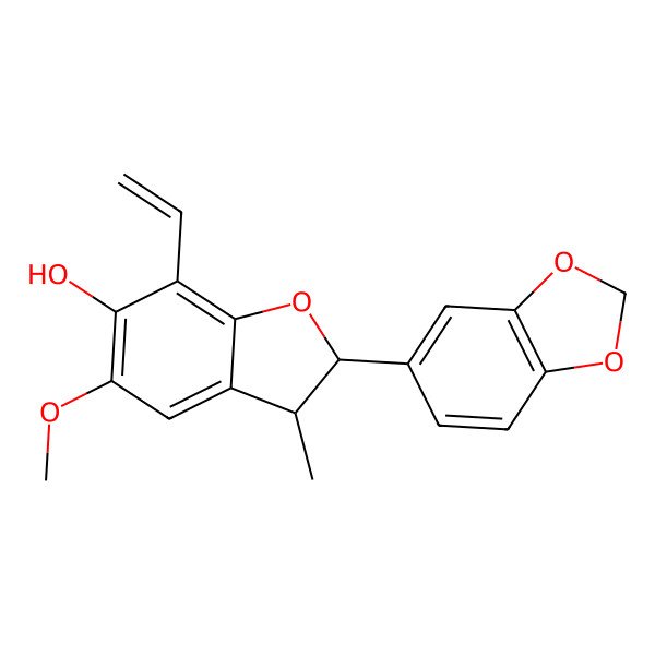 2D Structure of 2-(1,3-Benzodioxol-5-yl)-7-ethenyl-5-methoxy-3-methyl-2,3-dihydro-1-benzofuran-6-ol