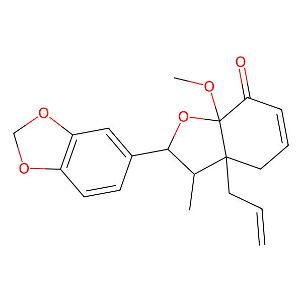 2D Structure of 2-(1,3-benzodioxol-5-yl)-7a-methoxy-3-methyl-3a-prop-2-enyl-3,4-dihydro-2H-1-benzofuran-7-one 2D Structure of 2-(1,3-benzodioxol-5-yl)-7a-methoxy-3-methyl-3a-prop-2-enyl-3,4-dihydro-2H-1-benzofuran-7-one