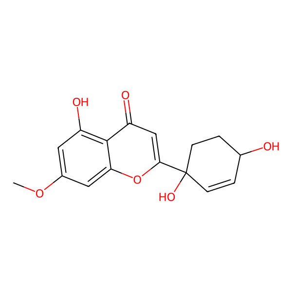 2D Structure of 2-(1,4-Dihydroxycyclohex-2-en-1-yl)-5-hydroxy-7-methoxychromen-4-one 2D Structure of 2-(1,4-Dihydroxycyclohex-2-en-1-yl)-5-hydroxy-7-methoxychromen-4-one