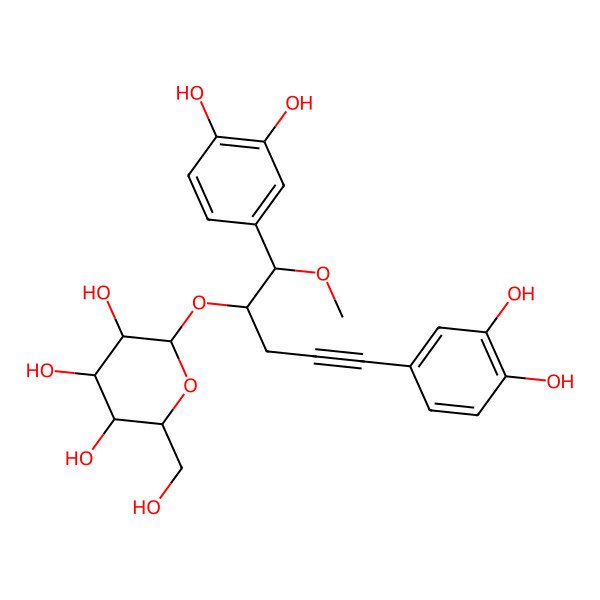 2D Structure of 2-[1,5-Bis(3,4-dihydroxyphenyl)-1-methoxypent-4-yn-2-yl]oxy-6-(hydroxymethyl)oxane-3,4,5-triol