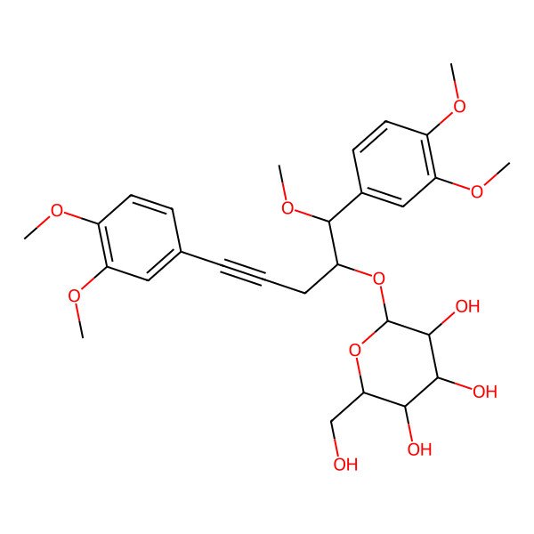 2D Structure of 2-[1,5-Bis(3,4-dimethoxyphenyl)-1-methoxypent-4-yn-2-yl]oxy-6-(hydroxymethyl)oxane-3,4,5-triol