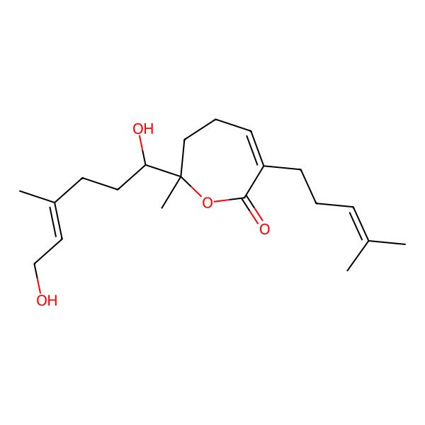 2D Structure of 2-(1,6-Dihydroxy-4-methylhex-4-enyl)-2-methyl-6-(4-methylpent-3-enyl)-3,4-dihydrooxepin-7-one 2D Structure of 2-(1,6-Dihydroxy-4-methylhex-4-enyl)-2-methyl-6-(4-methylpent-3-enyl)-3,4-dihydrooxepin-7-one