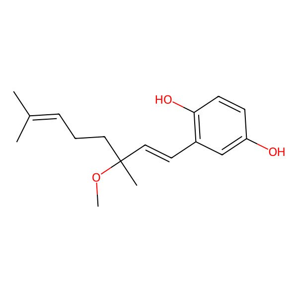 2D Structure of 2-[(1E,3R)-3-methoxy-3,7-dimethylocta-1,6-dienyl]benzene-1,4-diol