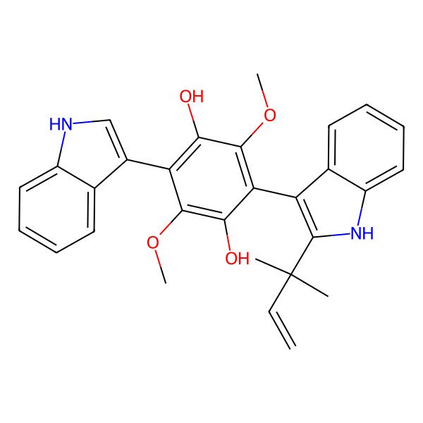 2D Structure of 2-(1H-indol-3-yl)-3,6-dimethoxy-5-[2-(2-methylbut-3-en-2-yl)-1H-indol-3-yl]benzene-1,4-diol