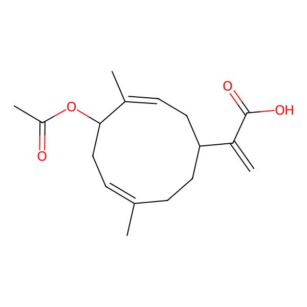 2D Structure of 2-[(1R,3E,5R,7E)-5-acetyloxy-4,8-dimethylcyclodeca-3,7-dien-1-yl]prop-2-enoic acid