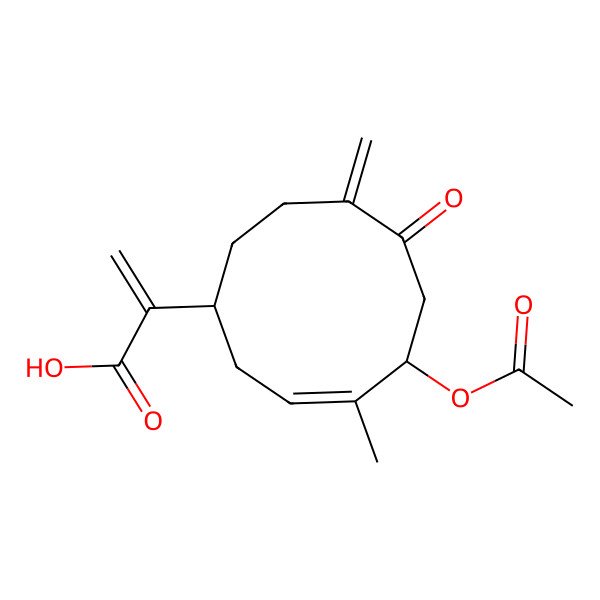 2D Structure of 2-[(1R,3E,5S)-5-acetyloxy-4-methyl-8-methylidene-7-oxocyclodec-3-en-1-yl]prop-2-enoic acid