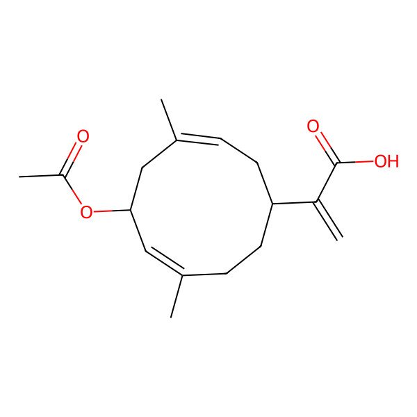 2D Structure of 2-[(1R,3E,6S,7E)-6-acetyloxy-4,8-dimethylcyclodeca-3,7-dien-1-yl]prop-2-enoic acid