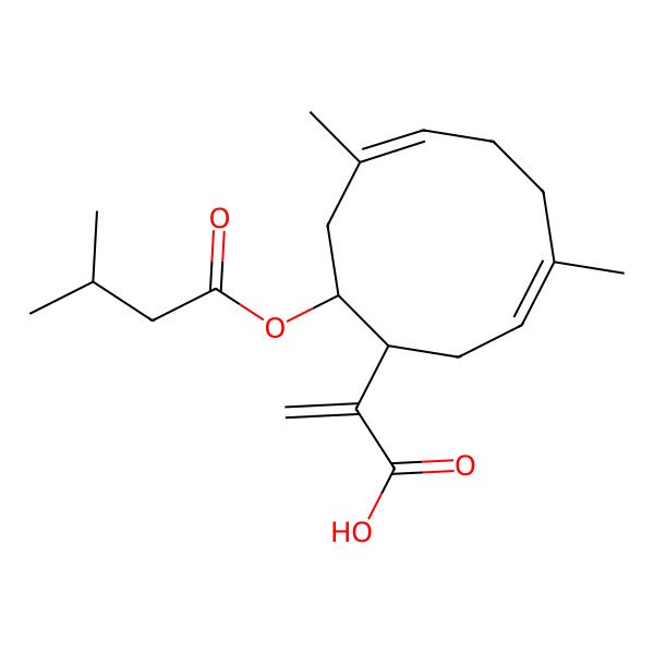 2D Structure of 2-[(1R,3E,7E,10R)-4,8-dimethyl-10-(3-methylbutanoyloxy)cyclodeca-3,7-dien-1-yl]prop-2-enoic acid