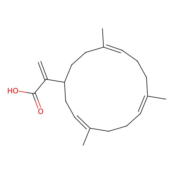 2D Structure of 2-[(1R,3E,7E,11E)-4,8,12-trimethylcyclotetradeca-3,7,11-trien-1-yl]prop-2-enoic acid