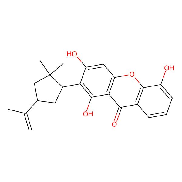 2D Structure of 2-[(1R,4R)-2,2-dimethyl-4-prop-1-en-2-ylcyclopentyl]-1,3,5-trihydroxyxanthen-9-one