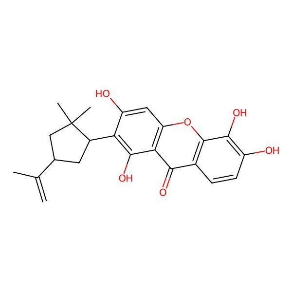 2D Structure of 2-[(1R,4R)-2,2-dimethyl-4-prop-1-en-2-ylcyclopentyl]-1,3,5,6-tetrahydroxyxanthen-9-one