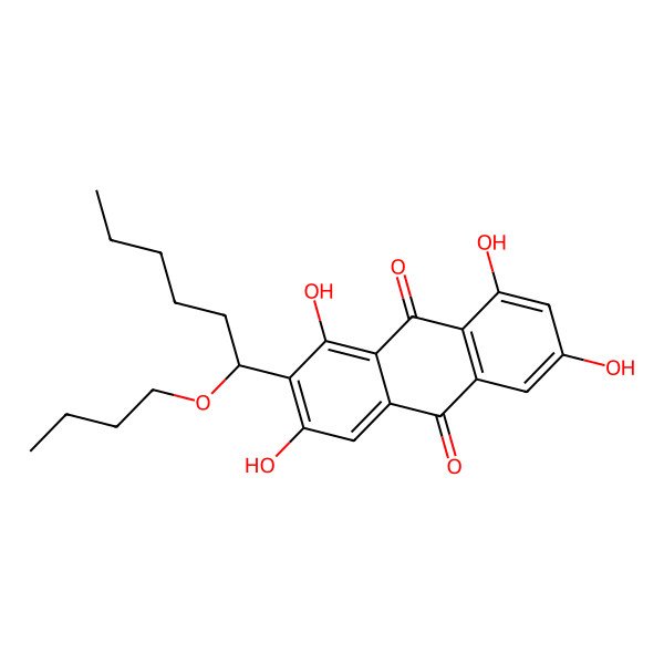 2D Structure of 2-[(1S)-1-butoxyhexyl]-1,3,6,8-tetrahydroxyanthracene-9,10-dione