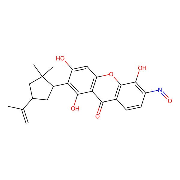 2D Structure of 2-[(1S,4S)-2,2-dimethyl-4-prop-1-en-2-ylcyclopentyl]-1,3,5-trihydroxy-6-nitrosoxanthen-9-one