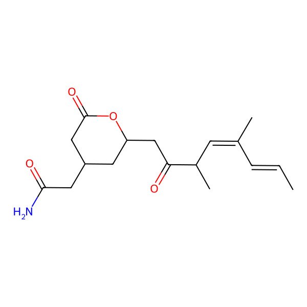 2D Structure of 2-[2-[(4E,6Z)-3,5-dimethyl-2-oxoocta-4,6-dienyl]-6-oxooxan-4-yl]acetamide