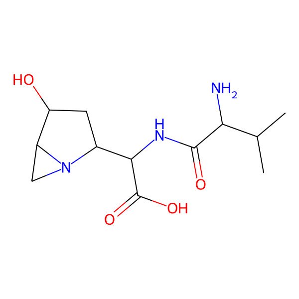 2D Structure of 2-[(2-Amino-3-methylbutanoyl)amino]-2-(4-hydroxy-1-azabicyclo[3.1.0]hexan-2-yl)acetic acid