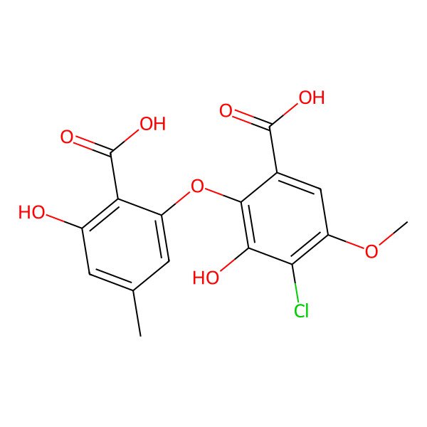 2D Structure of 2-(2-Carboxy-3-hydroxy-5-methylphenoxy)-4-chloro-3-hydroxy-5-methoxybenzoic acid