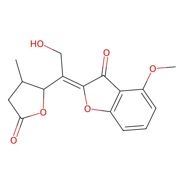 2D Structure of 2-[2-Hydroxy-1-(3-methyl-5-oxooxolan-2-yl)ethylidene]-4-methoxy-1-benzofuran-3-one