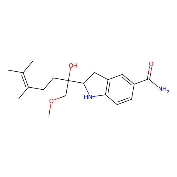 2D Structure of 2-(2-hydroxy-1-methoxy-5,6-dimethylhept-5-en-2-yl)-2,3-dihydro-1H-indole-5-carboxamide