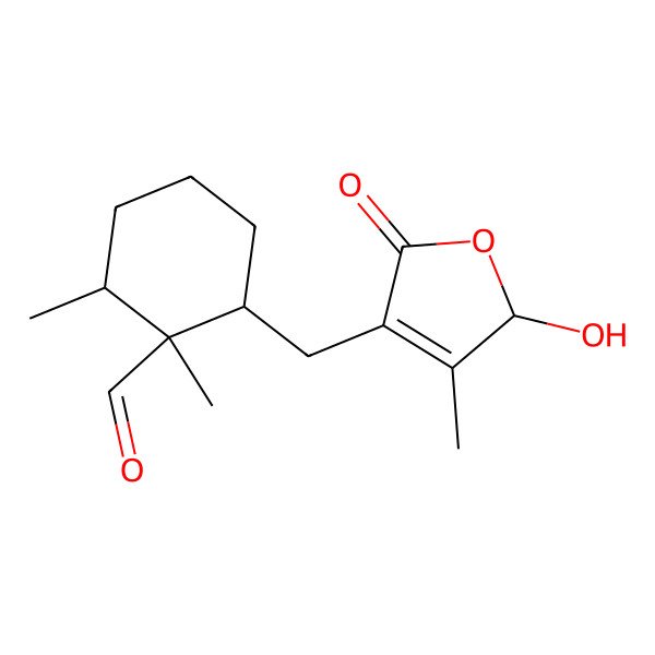 2D Structure of 2-[(2-hydroxy-3-methyl-5-oxo-2H-furan-4-yl)methyl]-1,6-dimethylcyclohexane-1-carbaldehyde