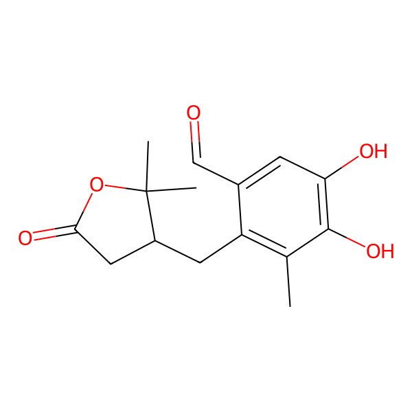 2D Structure of 2-[(2,2-Dimethyl-5-oxooxolan-3-yl)methyl]-4,5-dihydroxy-3-methylbenzaldehyde
