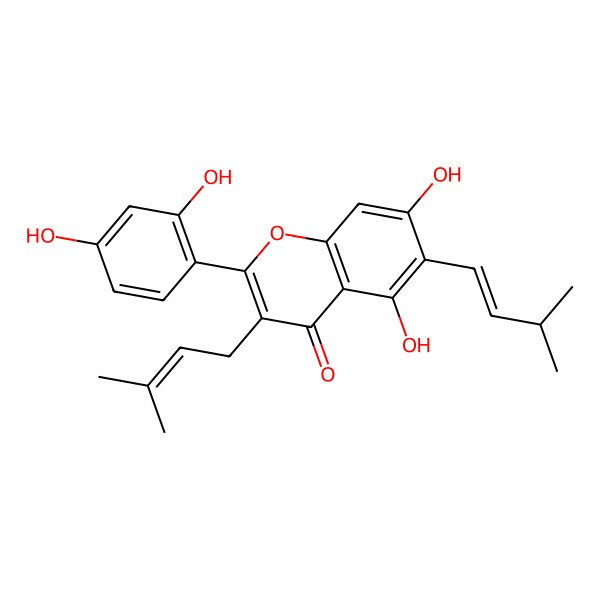2D Structure of 2-(2,4-Dihydroxyphenyl)-5,7-dihydroxy-6-(3-methylbut-1-enyl)-3-(3-methylbut-2-enyl)chromen-4-one