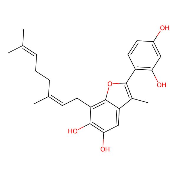2D Structure of 2-(2,4-dihydroxyphenyl)-7-[(2E)-3,7-dimethylocta-2,6-dienyl]-3-methyl-1-benzofuran-5,6-diol