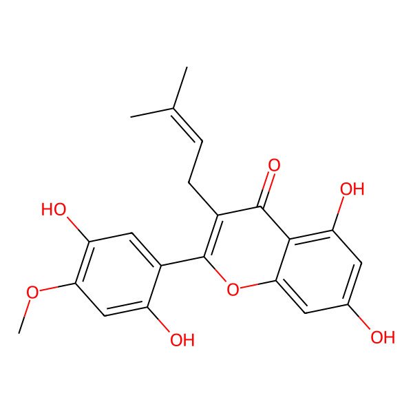 2D Structure of 2-(2,5-Dihydroxy-4-methoxyphenyl)-5,7-dihydroxy-3-(3-methylbut-2-enyl)chromen-4-one
