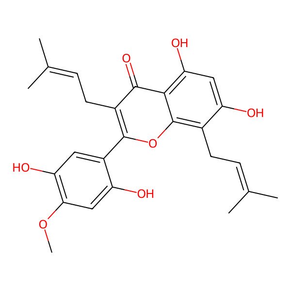 2D Structure of 2-(2,5-Dihydroxy-4-methoxyphenyl)-5,7-dihydroxy-3,8-bis(3-methylbut-2-enyl)chromen-4-one