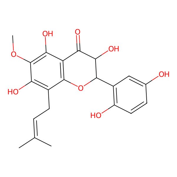 2D Structure of 2-(2,5-Dihydroxyphenyl)-3,5,7-trihydroxy-6-methoxy-8-(3-methylbut-2-enyl)-2,3-dihydrochromen-4-one