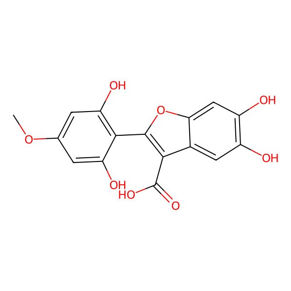2D Structure of 2-(2,6-Dihydroxy-4-methoxyphenyl)-5,6-dihydroxy-1-benzofuran-3-carboxylic acid